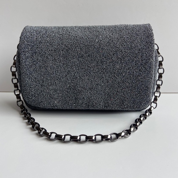 VINTAGE MAX MARA MADE IN ITALY METALLIC EVENING BAG BEADED SILVER GUN METAL - Picture 2 of 12